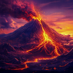 A powerful active volcano erupting, with glowing red lava flowing down its slopes, ash clouds filling the air, and a fiery orange glow contrasting with a deep purple twilight sky