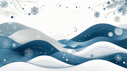 Abstract Snowy Landscape with Waves and Snowflakes Illustration