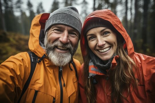 Older couple with grey hair in mackintosh standing happily in open nature, Nordic landscape and forest in the back, hiking, outdoor, selfie, happy, AI generated