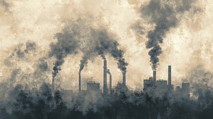 Obraz premium A striking silhouette of industrial factories emitting smoke into the atmosphere, highlighting pollution's impact on air quality and the environment.