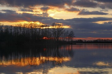 Lake at dusk, sunset, Alpen-Menzelen, North Rhine-Westphalia, Germany, Europe