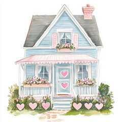 Charming blue house with pink accents and heart decorations, surrounded by flowers