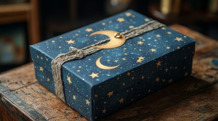 Obraz premium A starry night-themed paper gift box with a crescent moon charm attached 