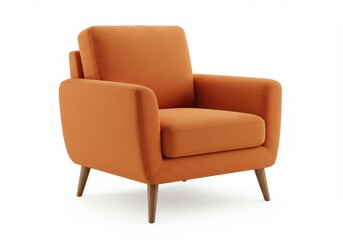 A modern orange upholstered armchair with soft cushions and wooden legs isolated on a white background