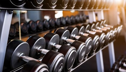 Fototapeta premium Rows of dumbbells and weights in a gym setting holl