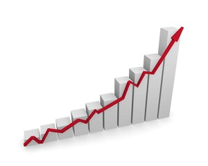 Business graph with red upswing arrow on a white background, 3d rendering