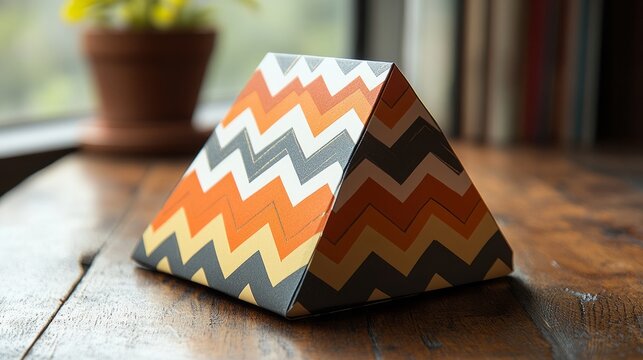 A triangular paper gift box with bold zig-zag patterns and a metallic finish 