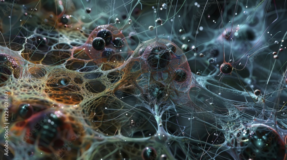 Aufkleber intricate abstract 3d rendering of organic, network-like structures on a dark background, ai generat