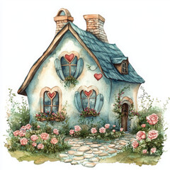 charming watercolor illustration of whimsical house with heart shaped windows, surrounded by
