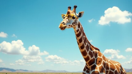 Obraz premium A giraffe wearing yellow spectacles gazes across a sunny savanna under a vibrant blue sky dotted with fluffy white clouds, a whimsical scene of nature's beauty and unexpected fashion.