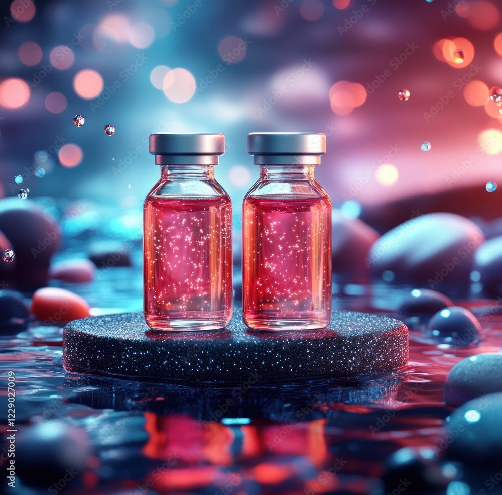Poster Captivating Bottles of Sparkling Elixir on a Serene Blur background