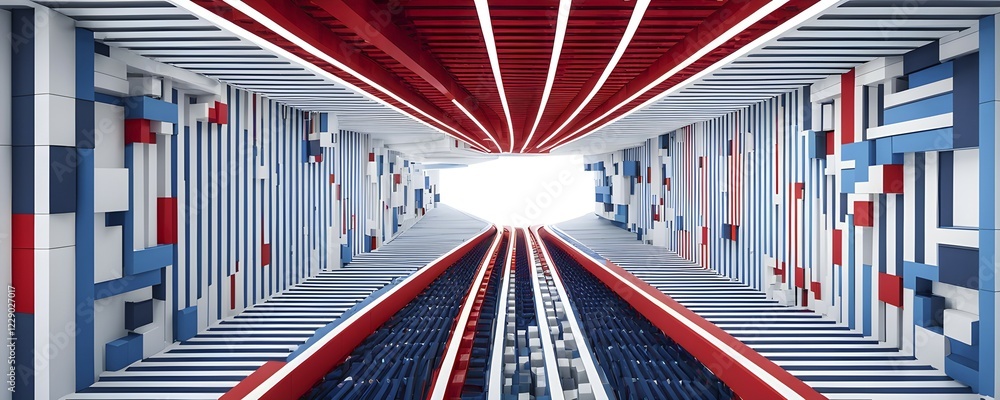 Poster tunnel structure in blue and red hues representing data and communication in abstract geometric patt