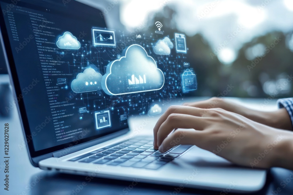 Poster person typing on laptop with cloud computing graphics displayed