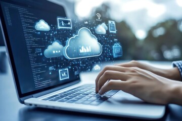Obraz premium Person typing on laptop with cloud computing graphics displayed