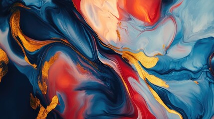 Obraz premium A bold and vibrant abstract painting with swirling strokes of blue, red, and gold, exuding power and creativity