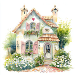 Fototapeta premium Charming watercolor illustration of quaint cottage surrounded by flowers
