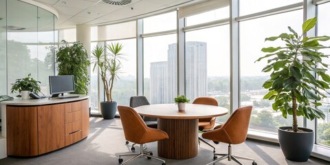 Fototapeta premium Modern Office Space, Round Table, Executive Desk, Bright Interior