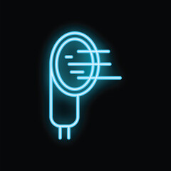 Blue neon icon of a handheld hair dryer blowing hot air isolated on a black background