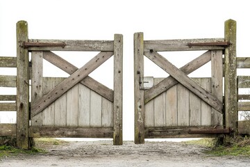 Obraz premium Rustic wooden gate open on a path.