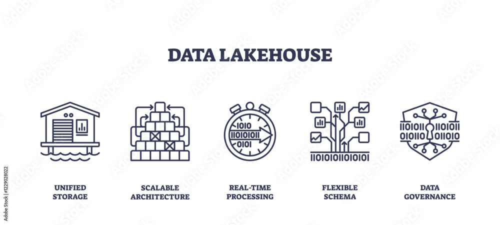 Poster data lakehouse concept with unified storage, real-time processing, and data governance. outline icon