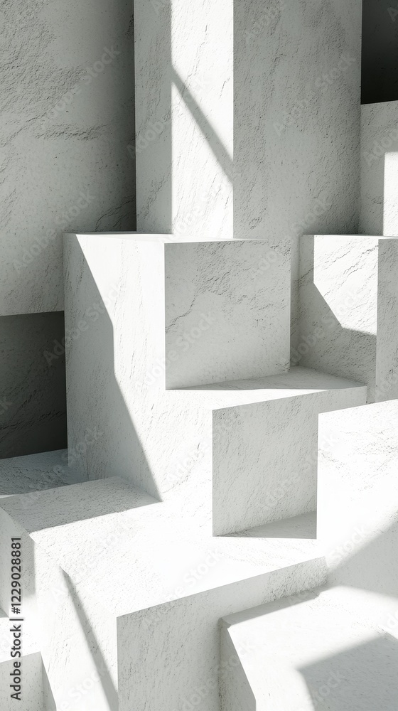 Poster a visually striking arrangement of abstract white stone blocks illuminated by light, showcasing geom