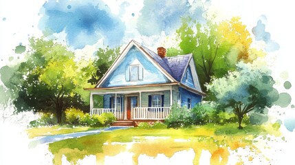 A lovely blue house nestled in vibrant greenery, this watercolor painting captures the charm of a peaceful rural setting filled with trees and sunlight.
