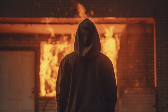 Back view of hooded figure in front of burning building. Arson concept. KI generiert, generiert AI generated