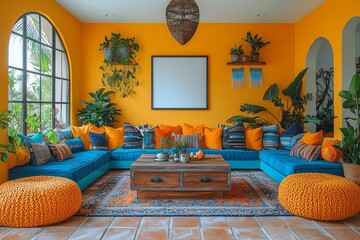 Vibrant Yellow Living Room With Teal Sectional Sofa