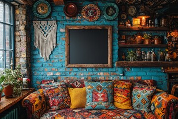 Bohemian Decorated Room Featuring Colorful Pillows and a Sofa