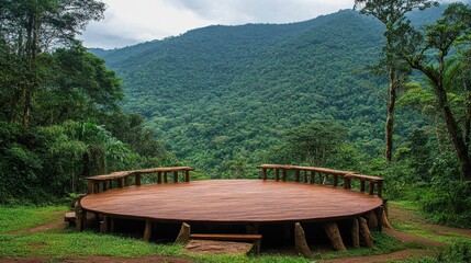 Fototapeta premium Circular wooden platform surrounded by lush green mountains and trees