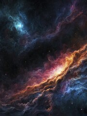 Fototapeta premium A dark cosmic scene with swirling colorful clouds, bright stars, and a vibrant, abstract celestial atmosphere, AI generated