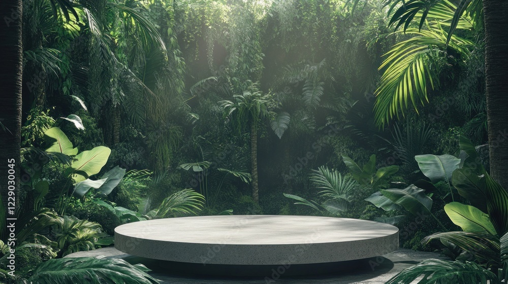 Poster lush jungle backdrop with empty circular platform.