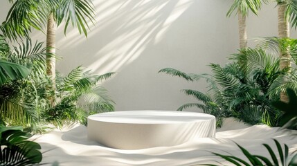 White round podium in tropical setting.