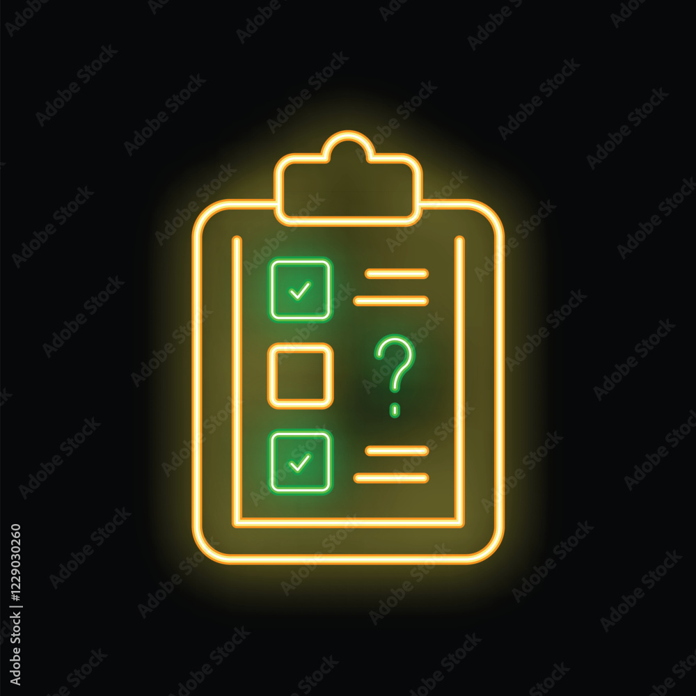 Aufkleber neon sign illustrating a clipboard with a checklist, showing two check marks, one empty check box, a