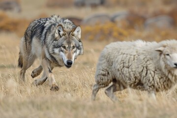 Obraz premium Wolf hunting sheep. KI generiert, generiert, AI generated