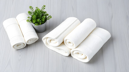 Fresh rolled towels and plant on grey wooden table. Space for text. Generative AI