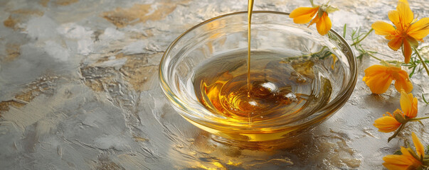 Golden canola oil pouring into clear glass bowl, surrounded by vibrant yellow flowers, creates serene and inviting atmosphere