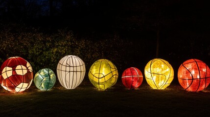 Unique lantern collection featuring sports balls and pikesticks illuminated against a dark backdrop
