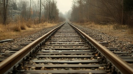 Fototapeta premium Railroad tracks vanishing into a misty autumn forest.