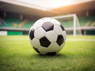 Obraz premium Black and white soccer ball on green grass, blurred goalpost and stadium backdrop