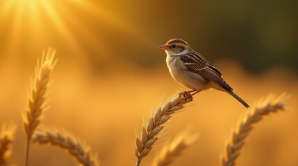 Golden Hour Avian Serenity A Small Bird Perched on Wheat Stalks, Bathed in Warm Sunlight