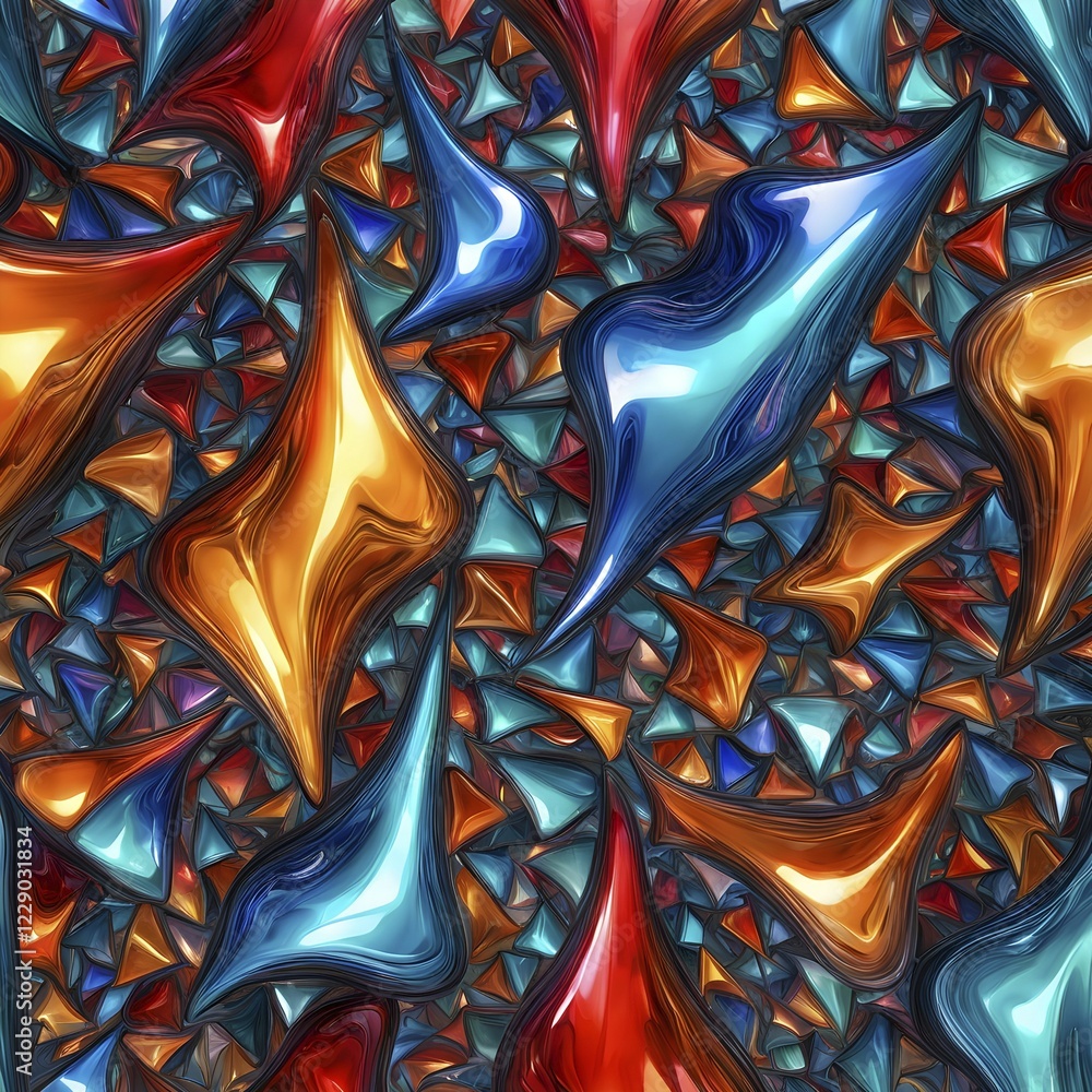 Poster 3d rendering of vibrant colored abstract changing glass design in an ornament structure, ai generate
