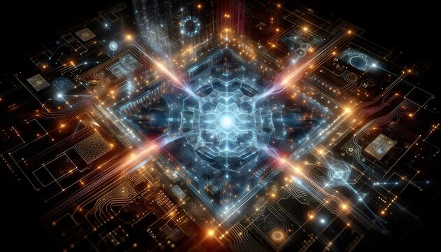 A conceptual illustration of a futuristic quantum circuit board with glowing pathways and a holographic interface, representing the next generation of computing technology