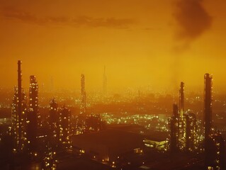 Illuminated Industrial Complex Nighttime Skyline.