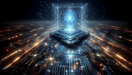 A conceptual illustration of a futuristic quantum circuit board with glowing pathways and a holographic interface, representing the next generation of computing technology