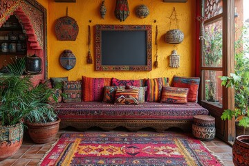 Vibrant bohemian room features colorful cushions and rugs
