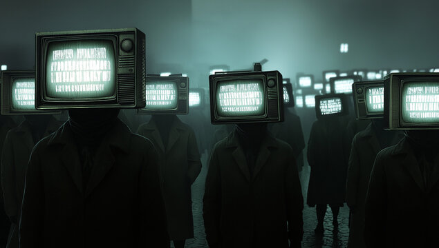People with TV Heads Symbolizing Mass Media Influence & Mind Control &ndash; Surreal Propaganda Concept