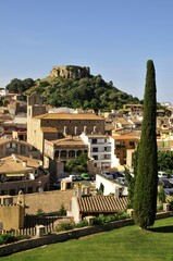 Overlooking the historic town of Begur with the remains of the castle of Begur, Costa Brava, Spain,...