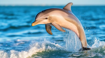 Dolphin Leaping Above Ocean Waves in Vibrant Blue Water Scene