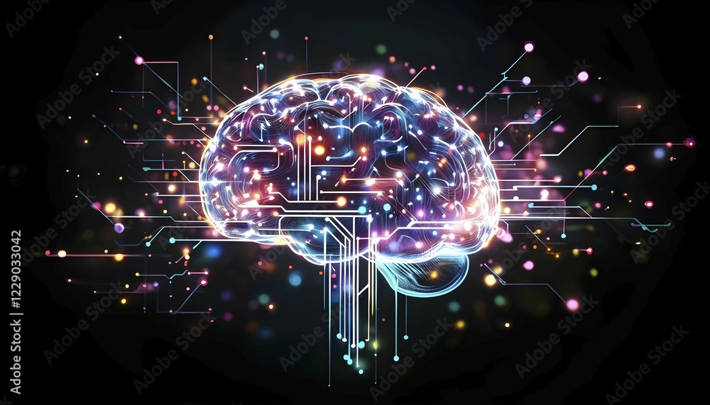 Poster abstract digital brain made of interconnected lines and glowing circuits in neon colors, representin